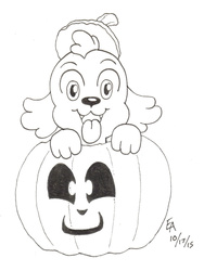 Size: 800x1063 | Tagged: safe, artist:mayorlight, spike, dog, equestria girls, g4, halloween, ink drawing, jack-o-lantern, looking at you, male, monochrome, nightmare night, solo, spike the dog, tongue out, traditional art