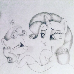 Size: 1024x1024 | Tagged: safe, artist:theasce, rarity, sweetie belle, crusaders of the lost mark, g4, holding hooves, monochrome, siblings, sisters, tears of joy, traditional art