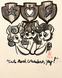 Size: 1024x1280 | Tagged: safe, artist:leafbunny, apple bloom, scootaloo, sweetie belle, crusaders of the lost mark, g4, cutie mark, cutie mark crusaders, the cmc's cutie marks, traditional art