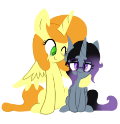 Size: 771x800 | Tagged: safe, artist:php54, oc, oc only, oc:melody amity, alicorn, pony, :t, alicorn oc, blushing, cute, duo, glasses, happy birthday, sisters, sitting, smiling, spread wings, wavy mouth, wink