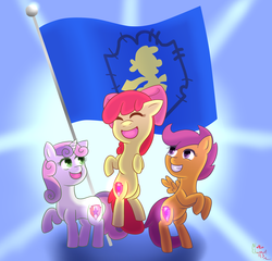 Size: 2439x2340 | Tagged: safe, artist:digiko-kagami, apple bloom, scootaloo, sweetie belle, crusaders of the lost mark, g4, adorabloom, applebetes, cute, cutealoo, cutie mark, cutie mark crusaders, diasweetes, flag, high res, sweet dreams fuel, the cmc's cutie marks