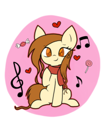Size: 800x1000 | Tagged: safe, artist:php54, oc, oc only, oc:copper tune, earth pony, pony, candy, clothes, cute, heart, lollipop, music notes, scarf, solo