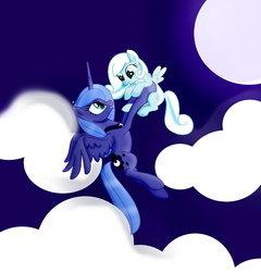 Size: 1376x1432 | Tagged: safe, artist:nightcoreamera, princess luna, oc, oc:snowdrop, g4, flying, good end, s1 luna