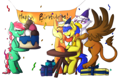 Size: 2000x1333 | Tagged: safe, artist:oddends, applejack, gilda, oc, oc:orion, oc:peppermint chip, griffon, pony, g4, banner, bipedal, birthday, birthday cake, cake, candle, canon x oc, chair, confetti, eyes closed, female, gildarion, happy, hat, hug, ice cream, male, party, party hat, present, shipping, sitting, smiling, spread wings, straight, streamers, table