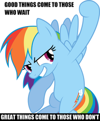 Size: 1600x1932 | Tagged: safe, artist:delzepp, rainbow dash, pegasus, pony, g4, female, hooves, image macro, mare, meme, motivational, simple background, smiling, solo, spread wings, teeth, text, vector, white background, wings