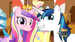 Size: 640x360 | Tagged: safe, edit, screencap, fluttershy, princess cadance, shining armor, twilight sparkle, alicorn, ant, pony, g4, season 5, the one where pinkie pie knows, animated, back to the future, female, gif, leaf, male, mare, pun, ship:shiningcadance, shipping, straight, subtitles, twilant, twilight sparkle (alicorn), visual pun