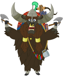 Size: 3000x3600 | Tagged: safe, artist:cheezedoodle96, oc, oc only, yak, g4, .svg available, angry, arrow, axe, cloven hooves, crossbow, dexterous hooves, helmet, high res, horn, horn cap, male, nose piercing, nose ring, piercing, quiver, rearing, simple background, svg, transparent background, vector, yak oc, yak smash