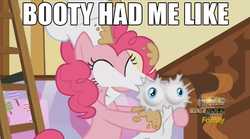 Size: 639x356 | Tagged: safe, edit, edited screencap, screencap, pinkie pie, earth pony, pony, g4, the one where pinkie pie knows, booty had me like, caption, eye bulging, female, image macro, mare, meme, paper, text
