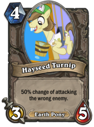 Size: 400x543 | Tagged: safe, hayseed turnip truck, earth pony, pony, g4, bucket, bucktooth, card, clothes, crossover, hearthstone, male, shirt, solo, stallion, trading card
