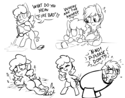 Size: 1282x1001 | Tagged: safe, artist:replica, oc, oc only, oc:nikita, oc:reppy, earth pony, pony, bare hooves, bipedal, butt, cannon, cooking, dialogue, foal, gasoline, grayscale, lineart, monochrome, plot, pony cannonball, sketch, sweat