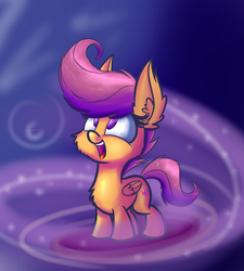 Size: 900x1000 | Tagged: safe, artist:heir-of-rick, scootaloo, pegasus, pony, crusaders of the lost mark, g4, cheek fluff, chest fluff, cute, cutealoo, ear fluff, female, filly, fluffy, gradient background, happy, impossibly large ears, looking up, no pupils, open mouth, smiling, solo, sparkles