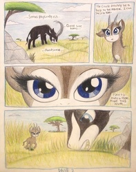 Size: 793x1007 | Tagged: safe, artist:thefriendlyelephant, oc, oc only, oc:sabe, oc:uganda, antelope, giant sable antelope, comic:sable story, acacia tree, africa, animal in mlp form, big eyes, cloven hooves, comic, duo, eyelashes, grass, grazing, herbivore, hill, horns, mountain, rock, seductive, tall grass, traditional art, tree