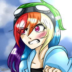 Size: 640x640 | Tagged: safe, artist:neko-chanou, rainbow dash, human, g4, female, goggles, hair over one eye, humanized, solo