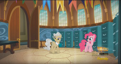 Size: 1282x676 | Tagged: safe, screencap, mayor mare, pinkie pie, g4, the one where pinkie pie knows, file cabinet, ponyville town hall, town hall