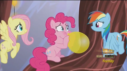 Size: 960x540 | Tagged: safe, screencap, fluttershy, pinkie pie, rainbow dash, g4, the one where pinkie pie knows, balloon, blowing, blowing up balloons, discovery family logo, flying, golden oaks chandelier, hyperventilating, inflating, moments before disaster, puffy cheeks, red face, smiling