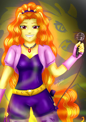 Size: 681x960 | Tagged: safe, artist:kikyoyami8, adagio dazzle, hippocampus, merpony, siren, equestria girls, g4, amulet, breasts, clothes, female, fingerless gloves, gloves, long hair, looking at you, loose hair, microphone, necklace, solo, spikes