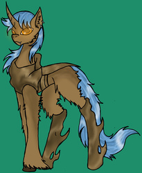 Size: 2752x3352 | Tagged: safe, artist:thepurpleusagi, oc, oc only, oc:tourmaline form, changeling, hybrid, pony, unicorn, brown changeling, chitin, curved horn, ear fluff, earring, fangs, fluffy, glowing eyes, high res, hooves, horn, piercing, tall