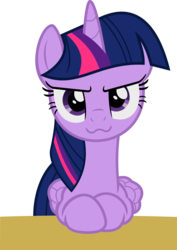 Size: 3569x5053 | Tagged: safe, artist:timelordomega, edit, twilight sparkle, alicorn, pony, g4, made in manehattan, :3, >:3, absurd resolution, cute, face edit, female, inverted mouth, looking at you, mare, simple background, solo, table, transparent background, twiabetes, twilight sparkle (alicorn), vector