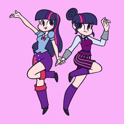 Size: 1480x1480 | Tagged: safe, artist:khuzang, sci-twi, twilight sparkle, human, equestria girls, g4, my little pony equestria girls: friendship games, clothes, crystal prep academy uniform, duo, equestria girls outfit, holding hands, humanized, no catchlights, purple background, school uniform, self paradox, simple background, skirt, twolight