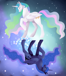 Size: 3500x3992 | Tagged: safe, artist:theonezumi, princess celestia, princess luna, alicorn, pony, g4, dreamscape, duality, duo, eyes closed, female, high res, mare, raised hoof, royal sisters, wings