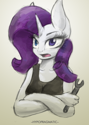 Size: 1024x1432 | Tagged: safe, artist:blvckmagic, rarity, anthro, g4, clothes, female, heterochromia, simple background, solo, tank top, wrench