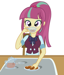 Size: 1659x1932 | Tagged: safe, artist:sumin6301, sour sweet, equestria girls, g4, my little pony equestria girls: friendship games, bowtie, breasts, busty sour sweet, clothes, cookie, crystal prep academy, crystal prep academy uniform, crystal prep shadowbolts, cute, eating, female, freckles, looking at you, open mouth, plate, school uniform, simple background, solo, sourbetes, table, tea, white background