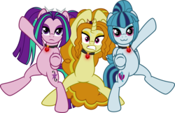Size: 13601x8822 | Tagged: safe, artist:osipush, adagio dazzle, aria blaze, sonata dusk, earth pony, pegasus, pony, unicorn, equestria girls, g4, :3, absurd resolution, amulet, bipedal, charlie's angels, equestria girls ponified, group, inkscape, necklace, ponified, pose, simple background, the dazzlings, transparent background, trio, vector
