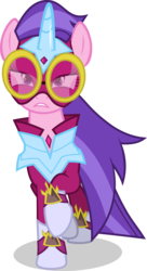 Size: 2441x4500 | Tagged: dead source, safe, artist:xebck, idw, official comic, masked matter-horn, pony, unicorn, g4, clothes, female, goggles, high res, mare, masked matter-horn costume, power ponies, raised hoof, simple background, solo, superhero, transparent background, vector