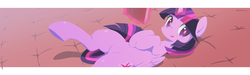 Size: 1023x307 | Tagged: safe, artist:siagia, twilight sparkle, alicorn, pony, g4, book, female, looking at you, magic, mare, on back, smiling, solo, twilight sparkle (alicorn)