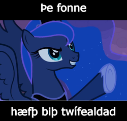 Size: 577x550 | Tagged: safe, princess luna, alicorn, pony, g4, female, meme, nightmare night, old english, raised hoof, reaction image, solo, the fun has been doubled