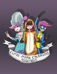 Size: 735x952 | Tagged: safe, artist:blurred-cat, apple bloom, scootaloo, sweetie belle, human, platypus, g4, scare master, clothes, costume, cutie mark crusaders, halloween, horn, horned humanization, humanized, kigurumi, mare antoinette, marie antoinette, nightmare night, old banner, rococo, wonderbolts uniform