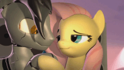 Size: 690x388 | Tagged: safe, artist:juiceboxalvin, fluttershy, oc, g4, 3d, animated, canon x oc, eye contact, hug, imminent kissing, love, shipping, source filmmaker