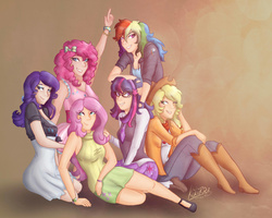 Size: 3000x2400 | Tagged: safe, artist:monnarcha, applejack, fluttershy, pinkie pie, rainbow dash, rarity, twilight sparkle, human, g4, boots, clothes, cowboy boots, cowboy hat, dress, fingerless gloves, glasses, gloves, hat, high res, humanized, mane six, mane six opening poses, mary janes, pleated skirt, scene interpretation, shoes, signature, skirt, stetson, wristband