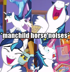 Size: 558x573 | Tagged: safe, screencap, brutus force, shining armor, g4, the one where pinkie pie knows, adorkable, awesome face, comic book, cute, descriptive noise, dork, horse noises, image macro, manchild, meme, shining adorable, smash fortune, text
