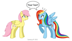 Size: 900x517 | Tagged: safe, artist:daikaluff, fluttershy, rainbow dash, g4, alternate hairstyle, backwards cutie mark, care mare, mane swap, shocked, wingboner