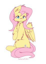 Size: 317x434 | Tagged: safe, artist:daikaluff, fluttershy, g4, chest fluff, ear fluff, female, fluffy, looking at you, raised hoof, simple background, sitting, solo, transparent background