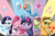 Size: 3275x2150 | Tagged: safe, artist:voxelfyre, applejack, fluttershy, pinkie pie, rainbow dash, rarity, spike, twilight sparkle, g4, cute, cutie mark, eyes closed, group photo, high res, mane seven, mane six, missing freckles, smiling, wink