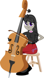 Size: 2430x4341 | Tagged: safe, artist:strumfreak, octavia melody, equestria girls, g4, background human, bow (instrument), cello, cello bow, clothes, female, gloves, high res, long hair, looking at you, musical instrument, necktie, simple background, sitting, skirt, solo, stool, transparent background, vector