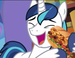 Size: 1386x1079 | Tagged: safe, edit, edited screencap, screencap, shining armor, pony, unicorn, g4, the one where pinkie pie knows, food, male, sandwich, sandwich censorship, solo, unnecessary censorship