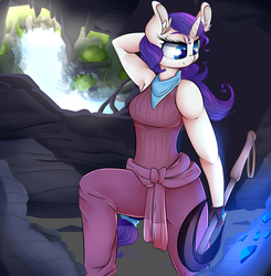 Size: 2500x2550 | Tagged: safe, artist:madacon, rarity, oc, oc:ivory, anthro, ultimare universe, g4, alternate universe, armpits, cave, female, high res, pickaxe, solo, waterfall