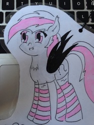 Size: 400x533 | Tagged: safe, artist:nosirrahsamoht, oc, oc only, bat pony, pony, clothes, keyboard, socks, striped socks