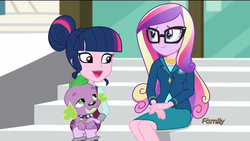 Size: 1024x576 | Tagged: safe, edit, edited screencap, screencap, dean cadance, princess cadance, sci-twi, spike, spike the regular dog, twilight sparkle, dog, equestria girls, g4, my little pony equestria girls: friendship games, clothes, discovery family logo, face swap, open mouth, role reversal, sitting, skirt, smiling, wat
