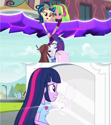 Size: 698x787 | Tagged: safe, screencap, fleur-de-lis, indigo zap, lemon zest, rarity, twilight sparkle, equestria girls, g4, my little pony equestria girls: friendship games, analysis, background human, dimensional cracks, logic, portal