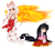 Size: 3600x3200 | Tagged: safe, artist:aurora, clothes, duo, fire, fujiwara no mokou, high res, houraisan kaguya, pants, ponified, red eyes, skirt, touhou