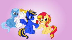 Size: 1024x571 | Tagged: safe, artist:jonerico, sunset shimmer, trixie, oc, pony, unicorn, g4, blushing, canon x oc, female, male, rose, shipping, straight