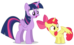 Size: 2800x1700 | Tagged: safe, artist:tizerfiction, apple bloom, twilight sparkle, alicorn, pony, crusaders of the lost mark, g4, alicornified, bloomicorn, cutie mark, duo, duo female, female, filly, foal, mare, open mouth, race swap, simple background, surprised, the cmc's cutie marks, transparent background, twilight sparkle (alicorn), unsure, vector
