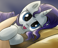 Size: 581x481 | Tagged: artist needed, safe, rarity, pony, unicorn, g4, bed, female, mare, offscreen character, pov, solo