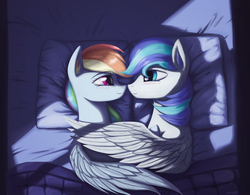 Size: 2685x2094 | Tagged: safe, artist:mrscroup, rainbow dash, oc, oc:rainy, pegasus, pony, g4, bed, blushing, boop, canon x oc, commission, cuddling, duo, female, high res, hug, looking at each other, lying, male, moonlight, night, noseboop, on side, pillow, romantic, shipping, smiling, snuggling, straight, touch, touching face, window, winghug, wings