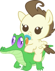 Size: 2761x3571 | Tagged: safe, artist:porygon2z, gummy, pound cake, alligator, pegasus, pony, reptile, g4, the one where pinkie pie knows, cute, high res, meme origin, pacifier, ponies riding gators, poundabetes, riding, simple background, transparent background, vector