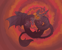 Size: 950x775 | Tagged: safe, artist:salvicorn, discord, draconequus, g4, 2015, chaos magic, hypnosis, looking at you, male, red background, simple background, smiling, smiling at you, solo